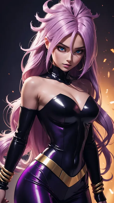 A barbie transforming into a dark super saiyan with purple hair and glowing golden eyes