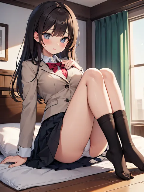 (1) One  is standing, Wearing a uniform of blazer and miniskirt, she wears loose socks on her feet.
(2) A high school girl lifts her skirt with both hands to expose her white lace panties..
(3) She has long brown hair.
(4) Her expression is seductive and l...