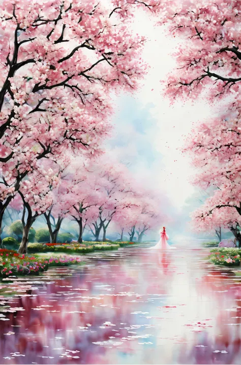 girl、Feel the arrival of spring、fantastic flower garden, red and pink, watercolor crazy painting on white canvas, become familiar with, Fine touch, A true masterpiece watercolor painting, flying petals、masterpiece、highest quality、grace、Mysterious、express j...