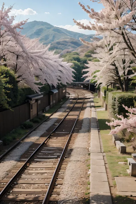 @ATMJD-21497@ Train on the railroad track with a row of cherry trees This area is popular sakura spot at funaoaka Sendai Japan make it realistic 4k 