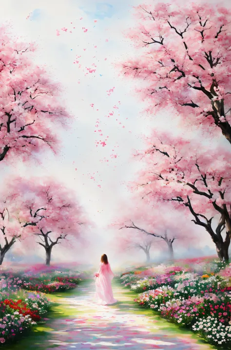 1 girl、Feel the arrival of spring、fantastic flower garden, red and pink, watercolor crazy painting on white canvas, become familiar with, Fine touch, A true masterpiece watercolor painting, flying petals、masterpiece、highest quality、grace、Mysterious、express...