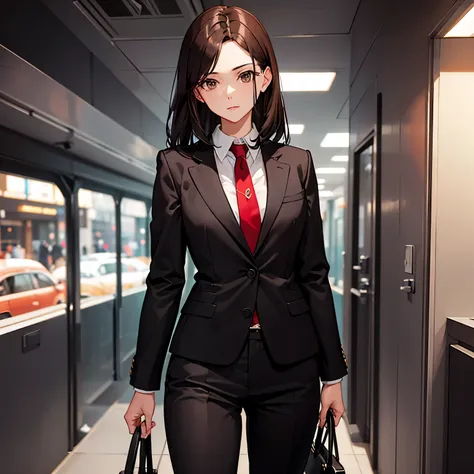 dark brown hair　dark brown eyes　black business suit　red tie　pants　woman in her 30s　black business bag　very small breasts　medium hair without bangs