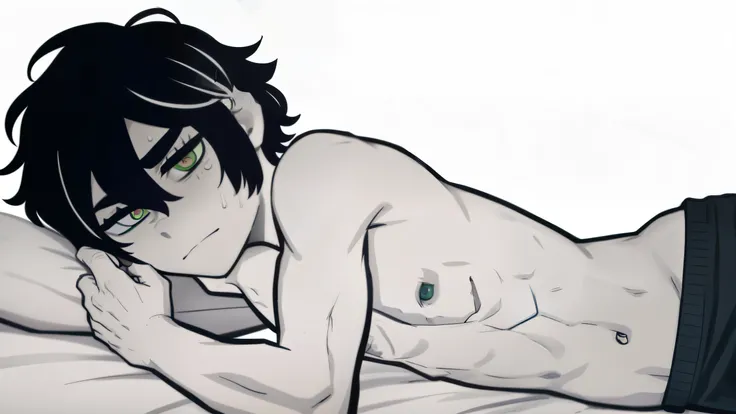 highres, monochrome,tcoaal, solo, looking at viewer, short hair, shirt, 1boy, Shota, Young boy, Young andy graves, hair between eyes, closed mouth,black hair, green eyes, Slim body, Seen from side, Lying on the bed, Hands forward, (Shirtless, Without clout...