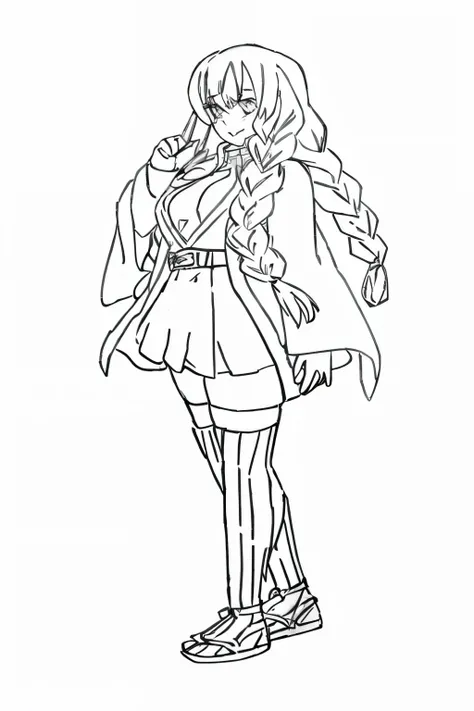 A drawing of a girl wearing a short skirt and jacket, bold line drawing, thick line drawing, thick black line drawing, clean line drawing, line drawing, simple line drawing, beautiful anime outline, perfect line drawing, heavy line drawing, variable line d...