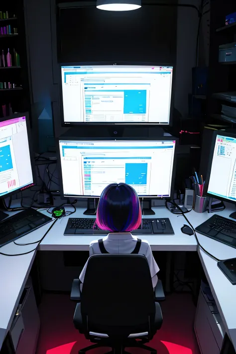 Girl operating many computer screens in a dark room,colorful hair,bob hair,Glasses,Room wear