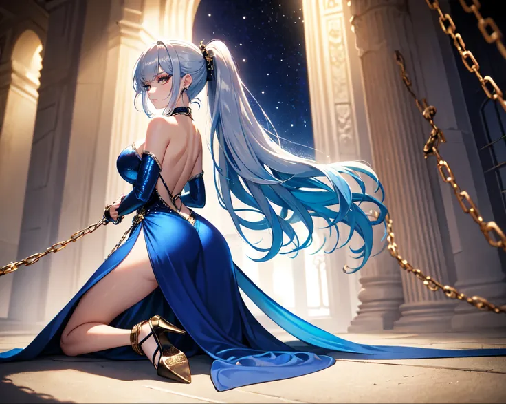 Prom background,Night dance ,Long silver-blue hair,Low ponytail,Close-up of kneeling down,(point you by her ass)Handcuffs with both hands,Royal sister,Chains and shackles on the body,(Elongated danphoenix eyes,eye shadow,long eyelashes),Messy hair,Elongate...