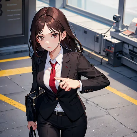 dark brown hair　dark brown eyes　black business suit　red tie　pants　woman in her 30s　black business bag　very small breasts　medium hair without bangs