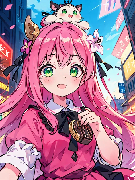 portrait,(masterpiece, ultra detailed), Valentine, holding chocolate, cinematic angle, face focus, 1girl, Young, ,cute, kawaii, perfect face,beautiful green eyes,(jitome:1.3), half opened eyes,bright pink hair, long hair, magenta party dress with many fril...