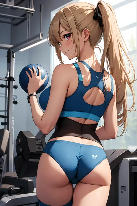 top quality、Best image quality、masterpiece、girl((18 years old、blue sports bra、Blue sports pants、best tits、bust 90、Blonde Twintails、red eyes、open your chest wide、valley、happiness、slim、laugh,fitness)）high quality、beautiful art、background((Sports clubs))、tabl...