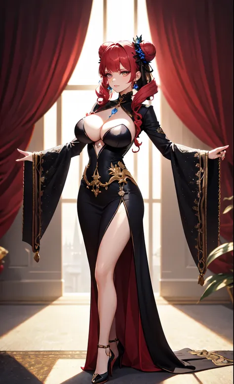 palace background,Court ball,Red curtain,wine color curly hair,british palace bun,Standing close-up,dream world,Royal sister,(Elongated danphoenix eyes,eye shadow,long eyelashes),Elongated danphoenix eyes,eye shadow,Contact lenses,(Baroque skirt,Widen hem,...