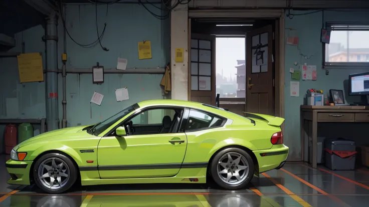 Inside a house garage, in the style of Japan; in garage there is are BMW fully cusdtomized, and a desk with a computer that runs emulation software, the shot is inside the garage, that has some windows and you can see outside it is day and it rains; it is ...