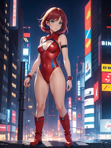 1girl, medium breasts, leotard, red leotard with blue accents, bare legs, boots, matching boots, bracelets, city backdrop, solo, single, standing, full body shot, cowboy shot, beautiful detailed eyes, blue eyes, mature lady, red hair, bob hair, superhero 