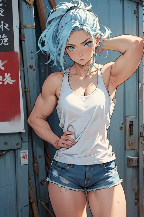 Hand-drawn art, conceptual art, detailed sketch, sketch drawing, manga art style, young woman with French features, with white tank top and short shorts, long light blue hair in ponytail style, blue eyes, strong and defined muscles, in sensual pose