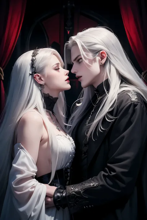 ((best quality)), ((masterpiece)), (detailed), ((perfect face)), ((halfbody)) perfect proporcions, they are a couple of vampires...