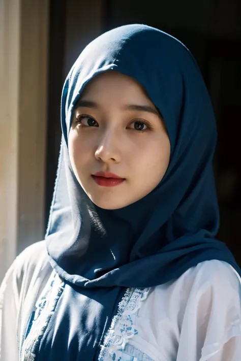 best quality, masterpiece, realistic:, luminate, beautiful muslim, hijab, twirling hijab, fully covered robe, 1 girl, blue hijab, blue eyes, Front, detailed face, beautiful eyes, close up shot, dark blue dress, tight dress, super shiny dress, ao dai dress,...