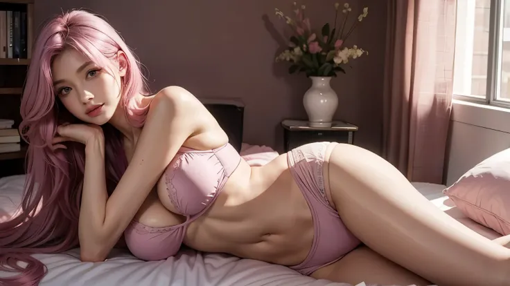 A mommy with long light pink purple hair, sexy body, good quality, detailed beauty face