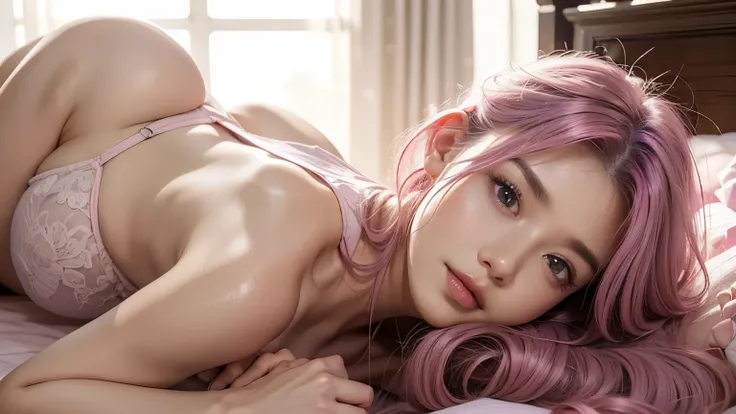 A mommy with long light pink purple hair, sexy body, good quality, detailed beauty face