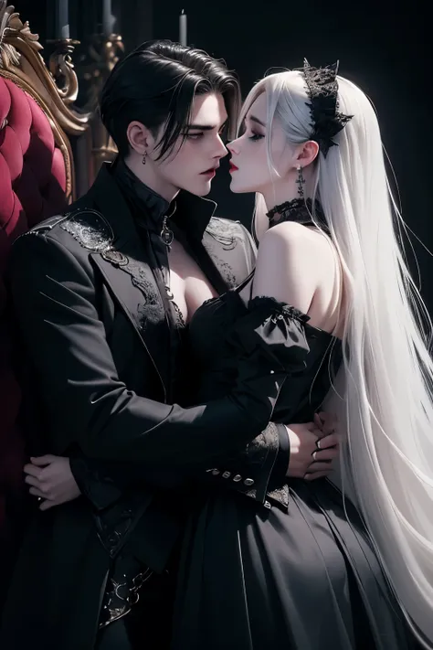((Best quality)), ((masterpiece)), (detailed), ((perfect face)), ((halfbody)) perfect proporcions, they are a couple of vampires, they are both 18 years old, she love each other, they kiss, they both wear gothic clothes, he has long white hair, vampire amb...
