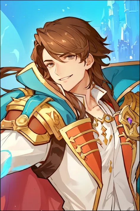 a cartoon picture of a man with long hair and a magic power, casimir art, granblue fantasy, smirking male bard, style of duelyst, xavier from mobile legends , beautiful androgynous prince, picture of a male cleric, handsome prince, handsome prince of persi...