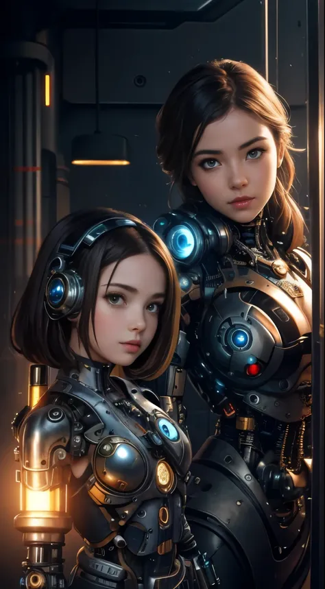 a cute steampunk cyborg girl vs a cute cybernetic futuristic cyborg girl face to face