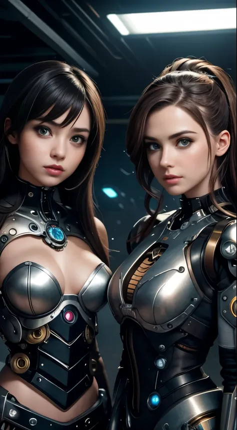 a cute steampunk cyborg girl vs a cute cybernetic futuristic cyborg girl face to face