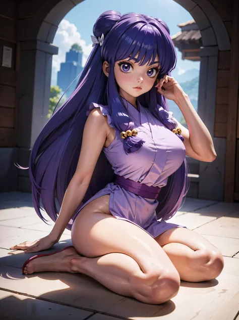 Garota anime cabelo purple longo, usando kimono purple florado muito lindo e sexy, 16 anos, agachada, sentada com pernas cruzadas, hands in hair, WITH YOUR HANDS BEHIND YOUR HEAD, corpo bonito, seios grandes, cabelo roxo purple, long purple hair, garota se...