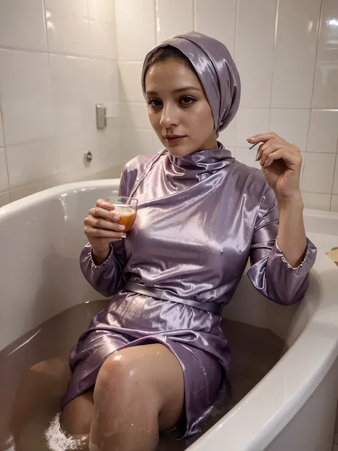 a middle-aged woman, (40 years old), plum, with a silver hijab, soaking in the bath, looks like she is wearing a long-sleeved sa...