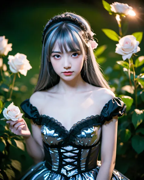 beautiful japanese girl, 16 years old, moonlit garden, lots of roses, High resolution, 4K, (shiny white hair:1.5), Super Long Straight Silk Hair, asymmetrical bangs, thin eyebrows, big magic eyes, Detailed red eyes, Smooth, white skin, bright makeup, 背景にmo...