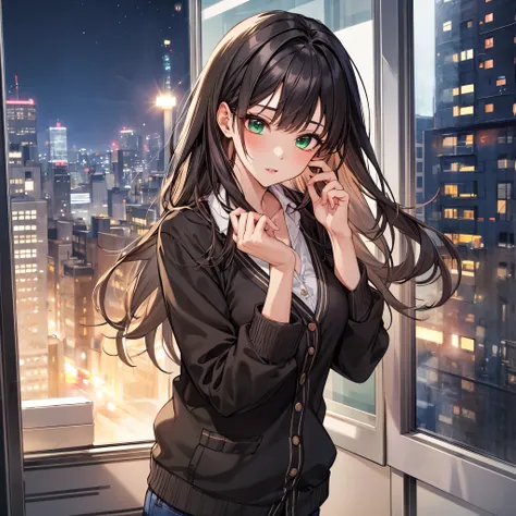 1 girl, mature woman, green eyes、Navy Cardigan, bow, highest quality, hire, detailed face, office, building from the window, detailed background, Depth of written boundary, Bokeh,black long hair,cityscape at night