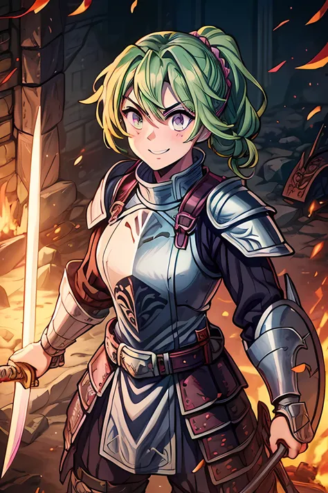 chatting, smiling in camera, fierce look, lillac eyes, light purple eyes, light green hair, pink plate armor, lillac eyes, heavy fighterposing with a crusader shield and sword, female，The ponytail is fluttering and messy，Heroic, full body shot，The face is ...