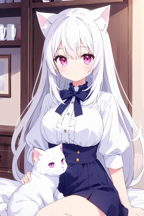 1 girl, white hair，straight hair，Pale pink eyes，cat girl，Big breasts，White cat ears，