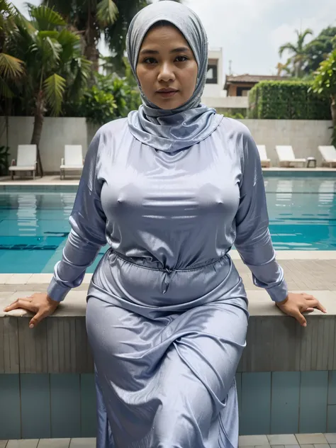 a middle-aged indonesia woman, (40 years old), plump, with a silver hijab, soaking in the swimming pool, looks like she is wearing a long-sleeved satin dress, looks wet