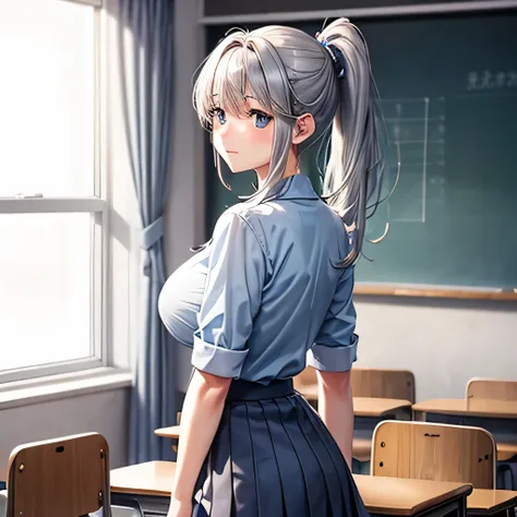 girl、embarrassed face、big breasts、high school student、light blue shirt、gray mini skirt、beautiful girl、High resolution、classroom、Rear view、ponytail、anime style、Transparency in clothes
