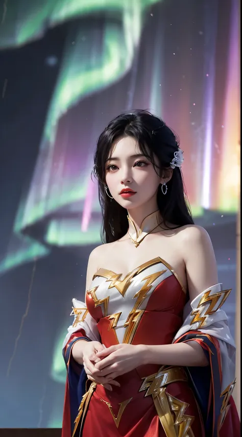 1 sexy beauty wearing sexy white lace off-shoulder red seasonal dress, thin dress，饰有许多引人注目of图案，decorated with 24k gold, ((sexy s...