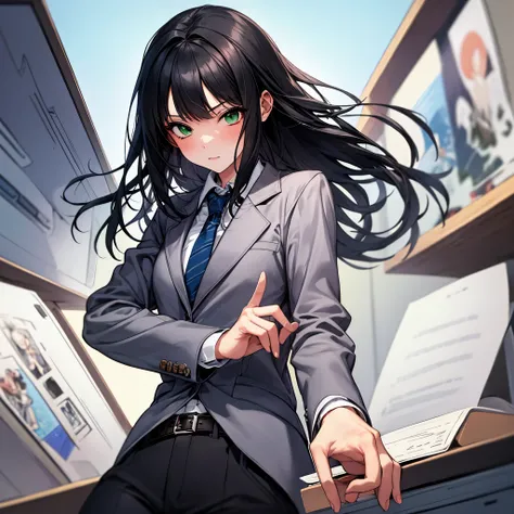 masterpiece, highest quality, 1 girl, green eyes、long black hair, blue blazer, Formal shirts, belt, office