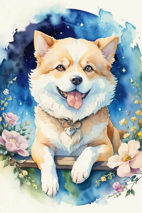 ((animal,watercolor painting,Playing dogs,One tail)),adorable,open your mouth,masterpiece,highest quality,animal,(tarot cards,Big eyes,Fluffy dog,cute,fun,happiness),Fashionable scenery,glitter effect,flower,anatomically correct,All the best,最高にcute犬,cute犬...