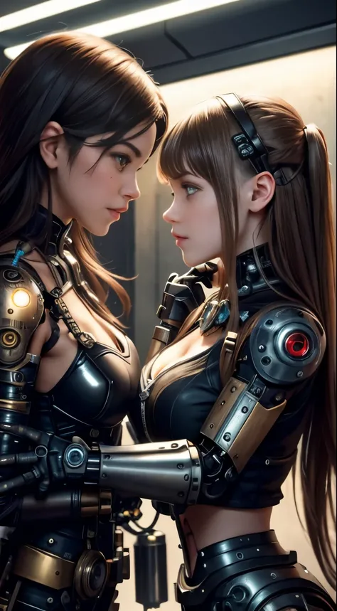 a cute steampunk cyborg girl vs a cute cybernetic futuristic cyborg girl fighting face to face