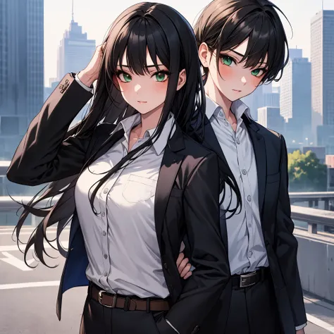 masterpiece, highest quality, 1 girl, green eyes、long black hair, blue blazer, Formal shirts, belt, city street