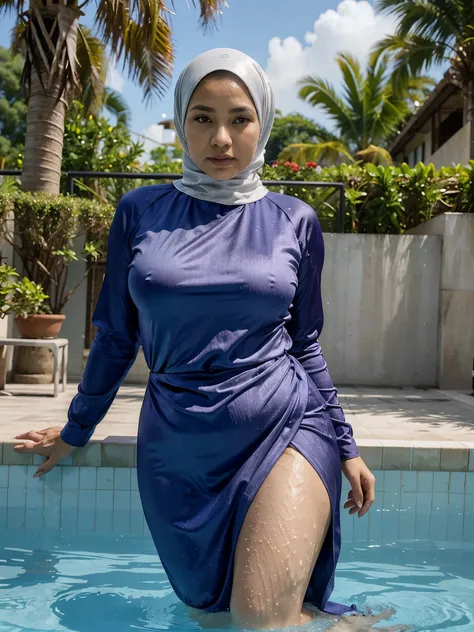 a middle-aged woman, Indonesian woman (40 years old), plump, small breasts, with a silver hijab, soaking in the swimming pool, looks like she is wearing a long-sleeved satin dress, looks wet,