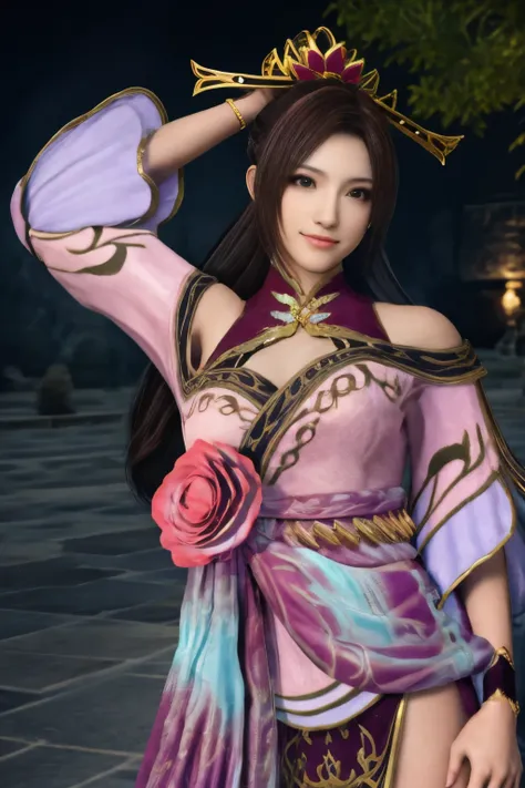 Diaochan from Sangoku Musou 8,masterpiece、1 cute girl、17-year-old high school student、smile,fine eyes、puffy eyes、bright outdoors,Bright downtown、highest quality, 超High resolution, (reality: 1.4), movie lighting、Japanese、asian beauty、Korean、super beautiful、...