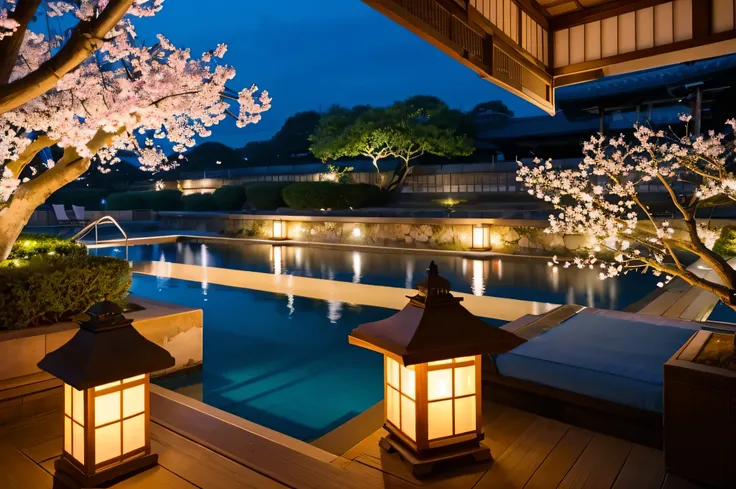 Former Kyoto、cherry blossoms、night、pool