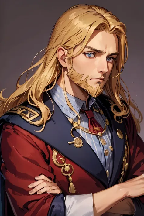 Male, late 30s. Blonde, shoulder-length, center-parted wavy hair. Light purple, deep-set, sanpaku eyes. He has little eyebrows. Slightly thick beard. Aquiline and hooked nose. Slightly underbite. Chiseled, slightly long face, fearless expression. Strong an...