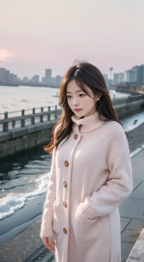 pink，Romantic，asian women，soft，8k，Extremely high quality RAW photos,original photo, actual, masterpiece, extremely delicate and beautiful, Very detailed,outdoor，winter，seaside