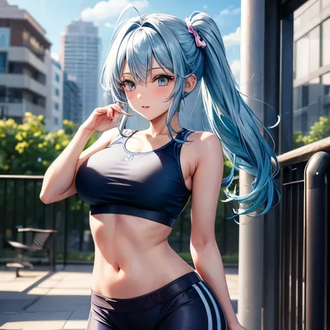 1girl, bluenette hair, light blue hair, gym clothes, yoga, rich girl 