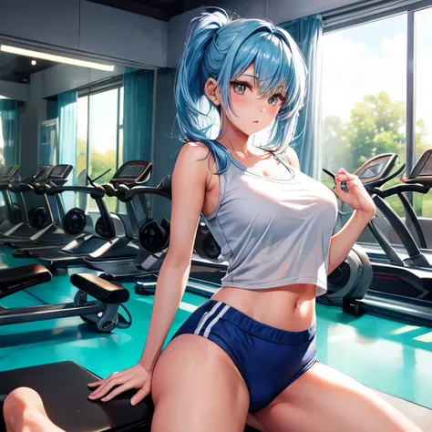 1girl, bluenette hair, light blue hair, gym clothes, yoga, 