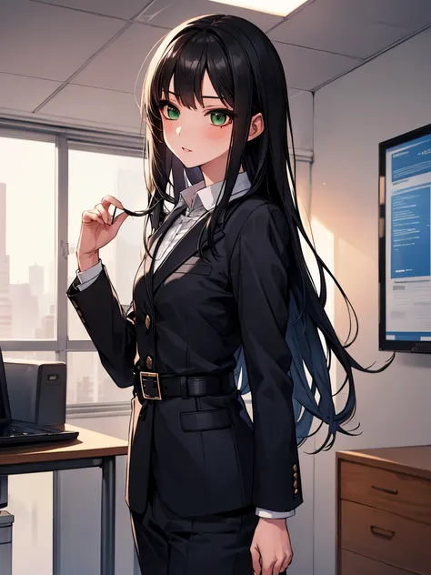 masterpiece, highest quality, 1 girl, green eyes、long black hair, blue blazer, Formal shirts, belt, inside the office