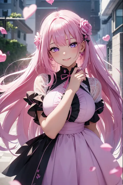 1girl (masterpiece, round_iris, extremely crisp crystalline shiny purple eyes, perfect_anatomy, extremely_captivating_hypnotic_mystic_eyes,) perfect face, long pastel pink hair, smiling evil, big breasts, pink dress with hearts, ballons, roses, hearts, val...