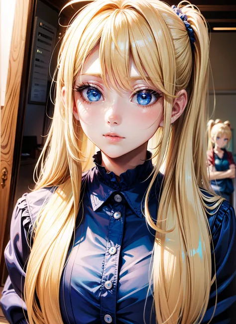 blond haired anime girl with blue eyes and a ponytail in a blue shirt, anime girl, cute natural anime face, long blonde hair and big eyes, stunning anime face portrait.