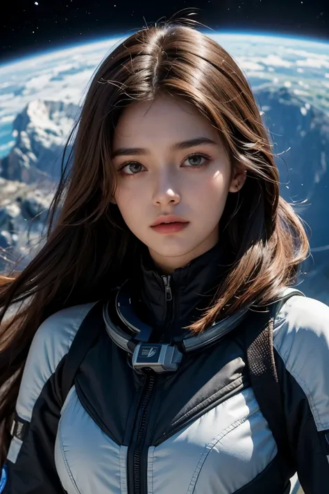 A beautiful woman. Twenty years old. Dark brown hair. She has a tense expression on her face.A simple space suit. No visor. An image of a multidimensional universe in her background.