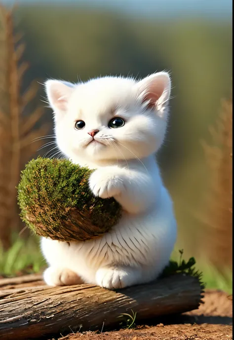 Fluffy cat sitting near the roots of a tree in the middle of the mountain, cute